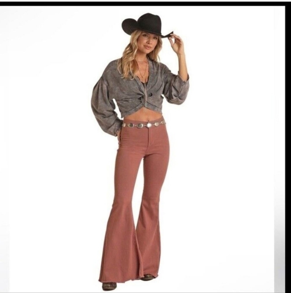 ROCK & ROLL DENIM Rose Bargain Bell Jeans Flare Western Cowgirl Size 31 x 34 - Picture 2 of 9